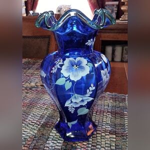 Fenton Cobalt Blue 75th Anniversary Floral Art Glass Vase